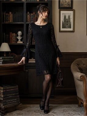 R&K Black Crochet Lace Bell Sleeve Dress Size 4 Boho Cocktail Midi